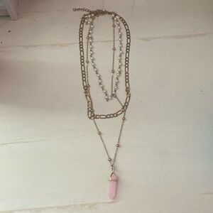3 piece gold with pink pendant necklace